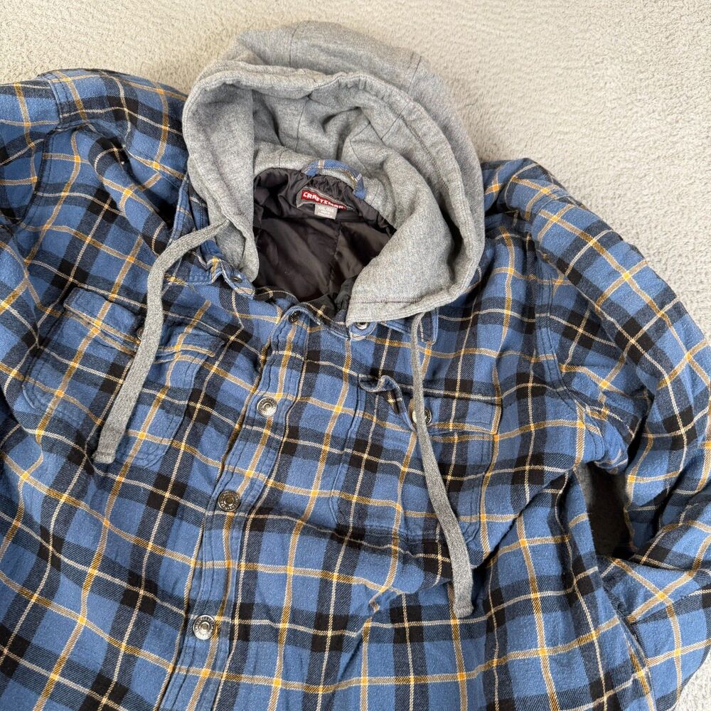 CRAFTSMAN Hooded Flannel Shirt Jacket XXL Blue Plaid Quilted Lined Workwear Snap